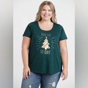 New Women's Size Small Hunter Green Too Lit To Quit Scoop Neck Christmas Tee‎